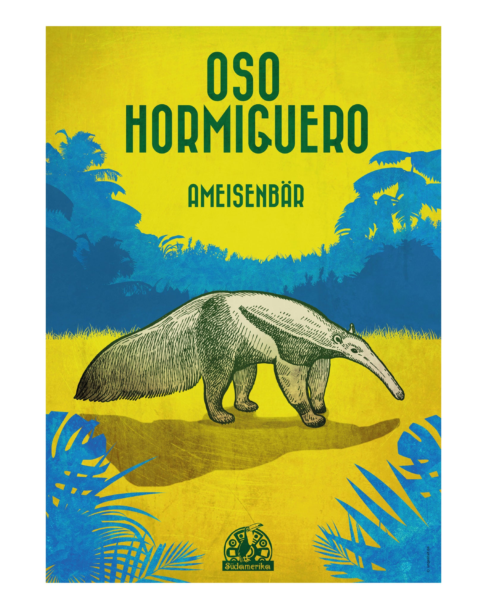Illustriertes Poster mit einem Ameisenbär in blauen und gelben Farben