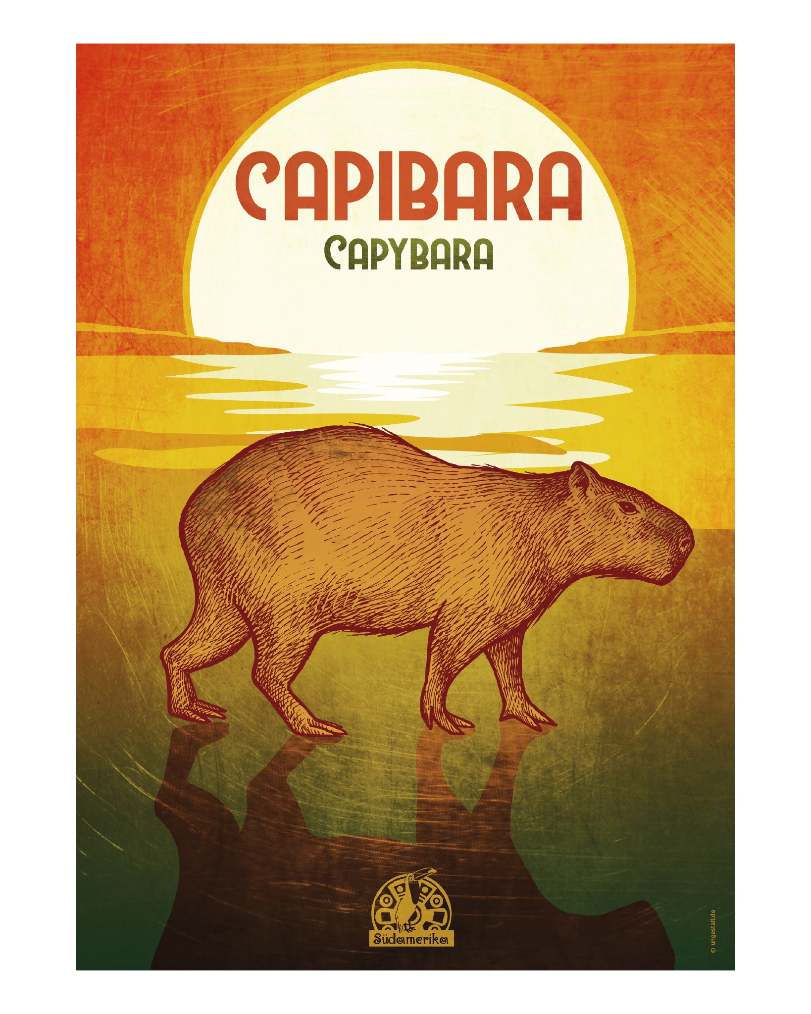 Illustriertes Poster mit einem Capybara vor Sonnenuntergang