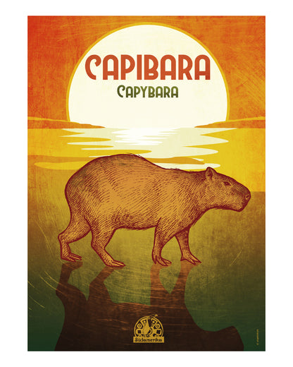 Illustriertes Poster mit einem Capybara vor Sonnenuntergang