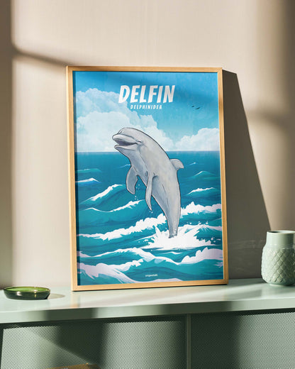 Gerahmtes Poster auf einer Kommode mit einem aus dem Meer springenden Delfin