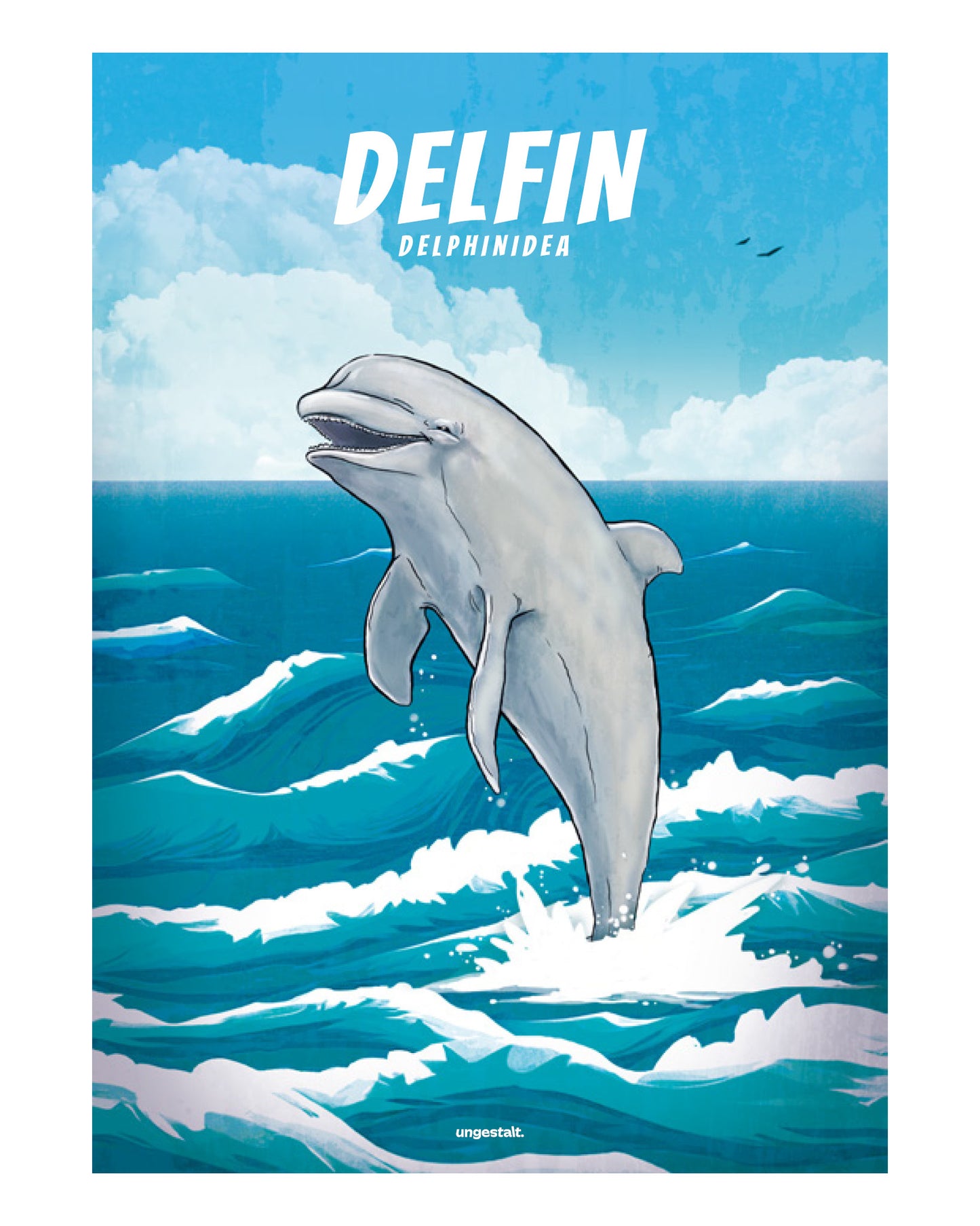 Illustriertes Poster mit einem aus dem Meer springenden Delfin
