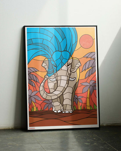Gerahmtes Poster auf dem Boden stehend mit einem Elefant in Buntglas-Optik