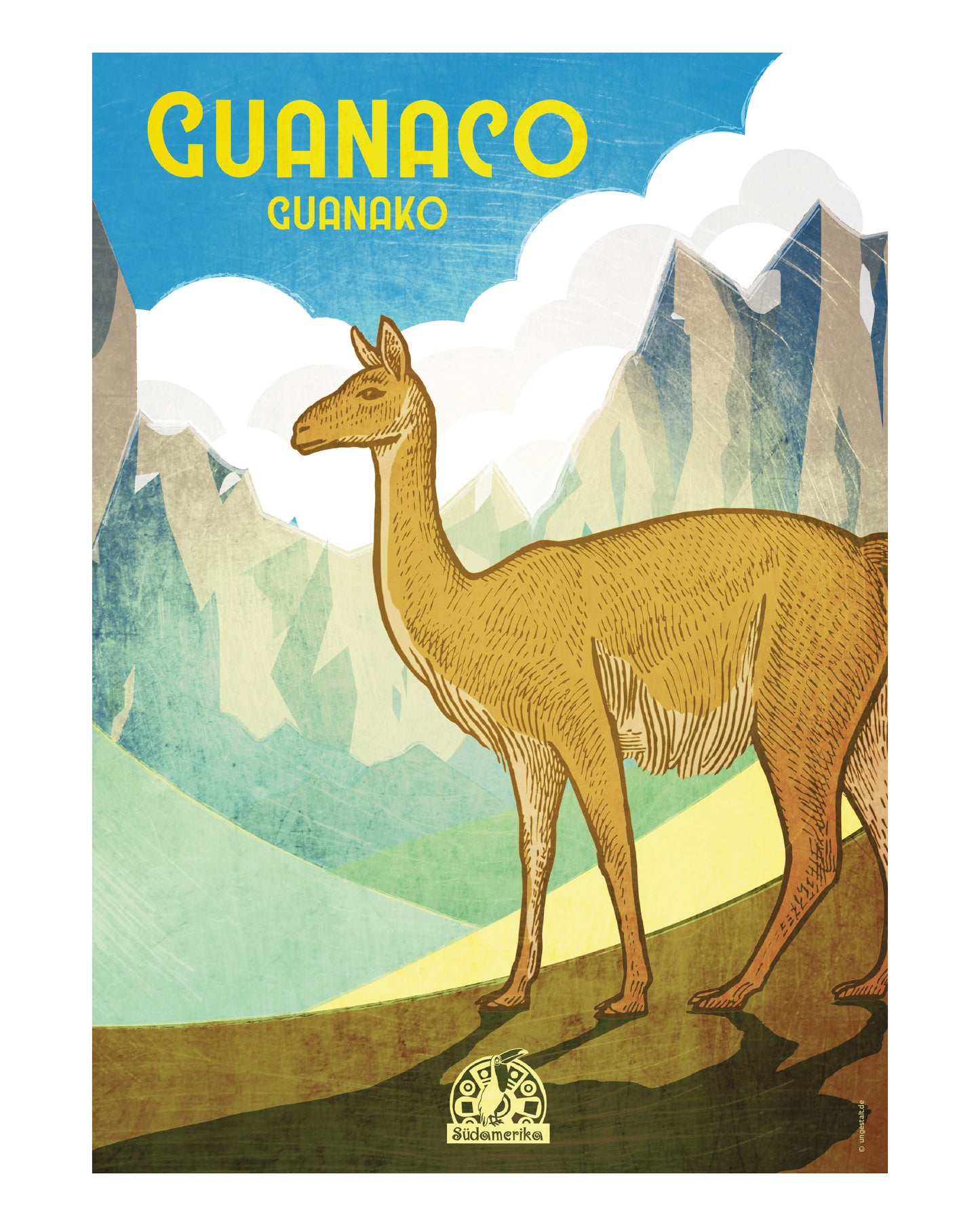 Illustriertes Poster mit einem Guanaco vor einer bergigen Schlucht