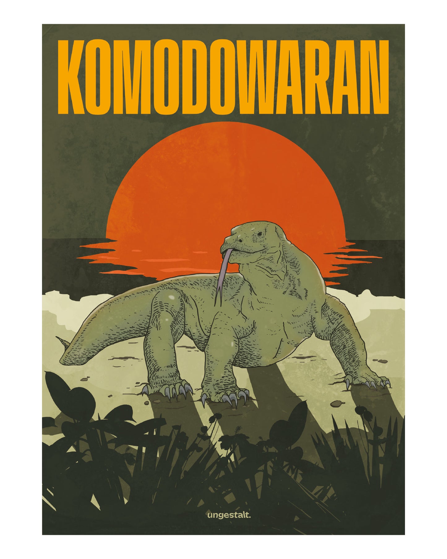 Illustriertes Poster mit einem Komodowaran vor untergehender Sonne