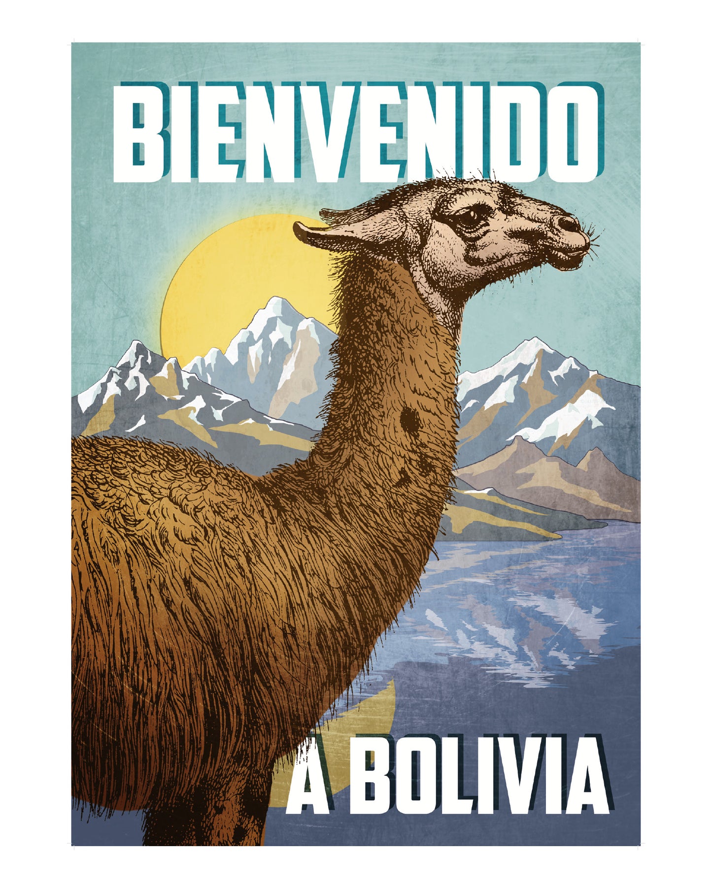 Illustriertes Poster mit einem Lama vor bergiger Landschaft