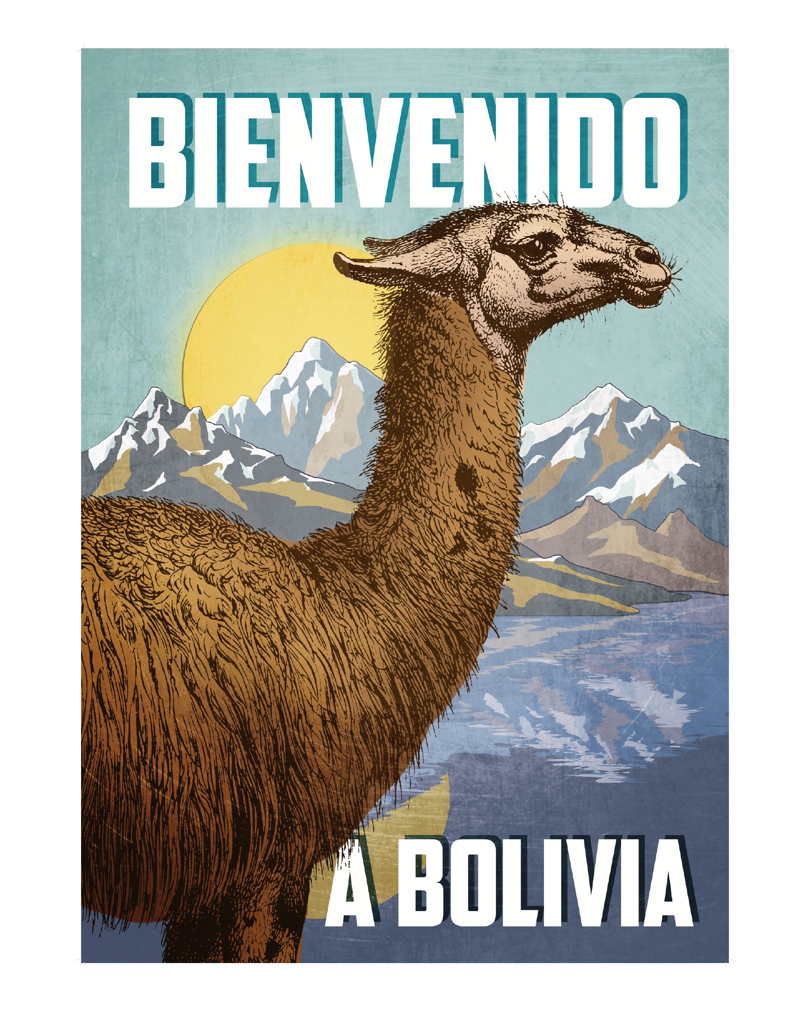 Illustriertes Poster mit einem Lama vor bergiger Landschaft