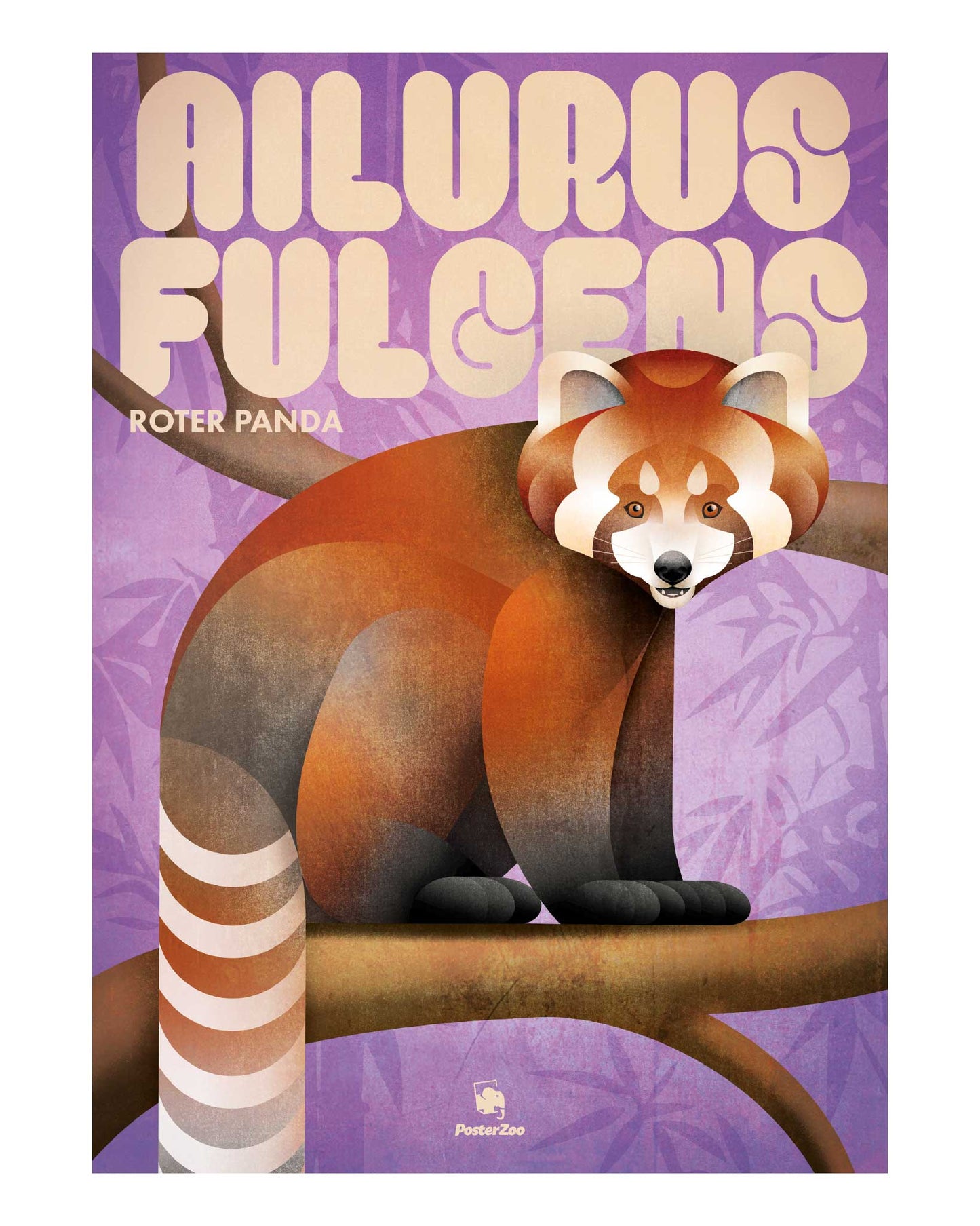 Illustriertes Poster mit zwei roten Pandas vor lila Hintergrund